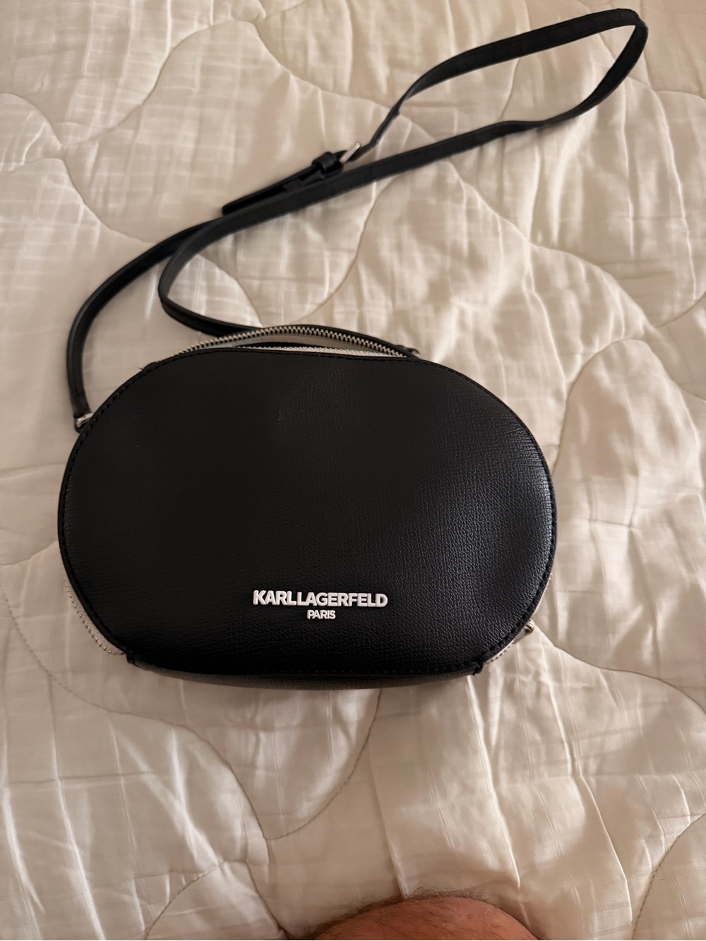 Karl Lagerfeld Black Oval Leather Crossbody with Silver Logo